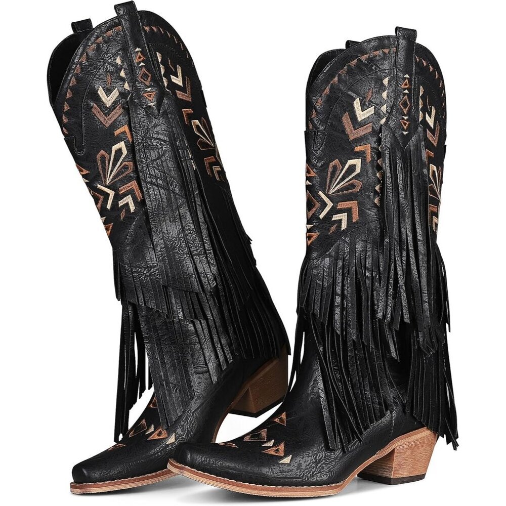 Women's Black Cowgirl Boots Knee High Fringe Boots Comfortable Comfy Foot Heel